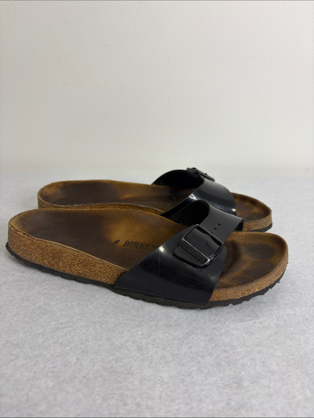 Birkenstock Sandals Womens 41 10 Madrid Black Birko Flor Faux Patent Slides